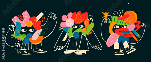 Quirky abstract Creatures. Cute funny characters with eyes, doodle shapes, hands, legs. Cartoon contemporary style. Isolated elements, design templates. Hand drawn modern Vector illustration