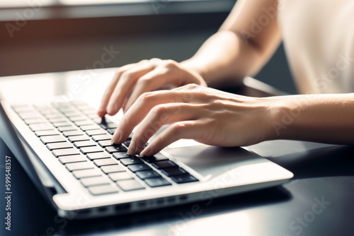 A close-up of a woman's hands typing on a laptop keyboard, with focus on the keys