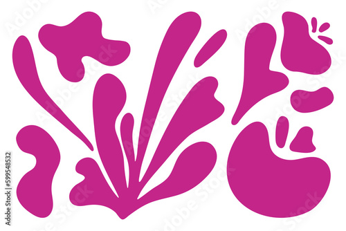 Matisse abstract floral algae shapes in trendy contemporary organic style. composition Doodle painted aestethic flower and leaf. Botanic vector illustration in pink color on the white background.