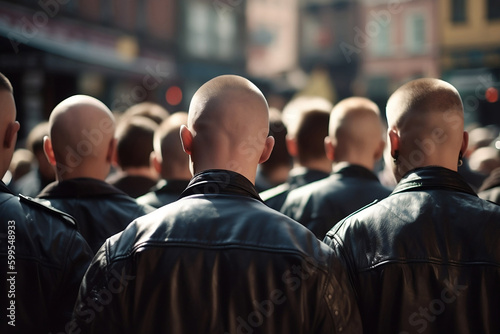 Fototapeta Back view of group of skinhead neo-nazis in leather jackets.