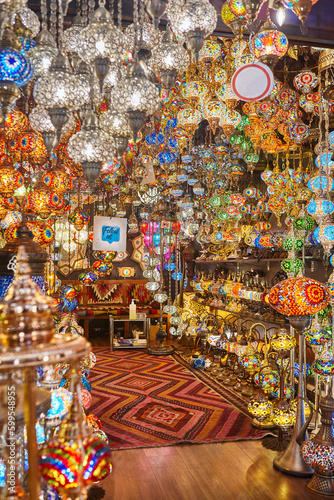 Grand bazaar interior in Istanbul city center. Lamps store. Turkey