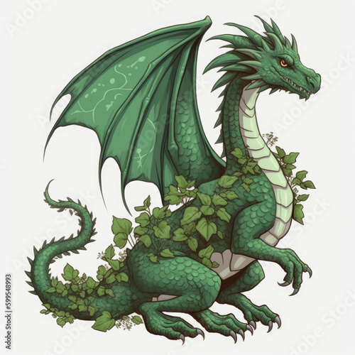 Green wooden dragon with leaves and branches growing from scales isolated on white background. Symbol of 2024. Chinese New Year. High resolution. Generative AI  human enhanced