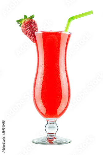Blended Frozen Strawberry Daiquiri Cocktail with Straw and Berry Garnish Isolated on White Background