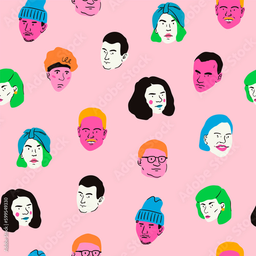 Various portraits of men and women. Diverse stylish people. Trendy modern art. Cartoon, minimal, abstract contemporary style. Hand drawn Vector illustration. Square seamless Pattern