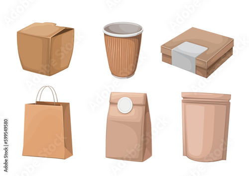Eco friendly paper bags and packages set vector illustration. Cartoon isolated craft cardboard gift box and handbag with handles, front view of paper coffee cup and recycling store packaging