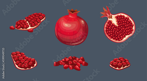 Pomegranate, red ripe garnet fruit set vector illustration. Cartoon isolated pile of ruby seeds, exotic juicy food ingredient and fresh summer dessert, half and slices, whole sweet pomegranates