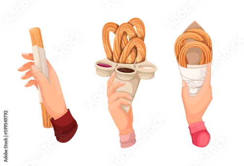 Hands holding paper bags with churros set vector illustration. Cartoon isolated hands of people eating churros with chocolate sauce, sticks from fried sweet dough and sprinkled with sugar powder