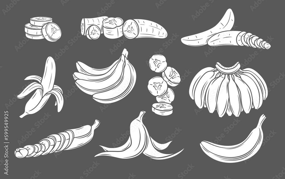 Banana glyph icons set vector illustration. White stamps of ripe raw tropical fruit collection isolated on black, whole and half peeled banana, cut into round slices and chunks, bunch from tree