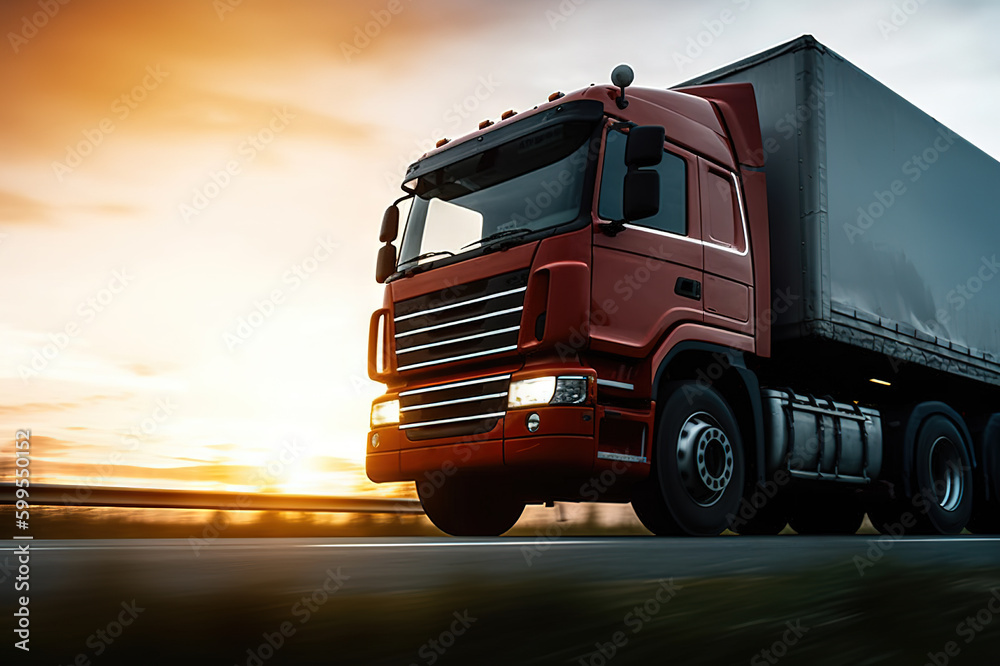 Truck Silhouetted Against a Golden Sunset Sky. created with Generative AI Truck Silhouetted Against a Golden Sunset Sky. created with Generative AI