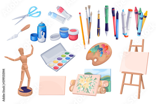Artists tools set vector illustration. Cartoon isolated office and school stationery, art studio equipment collection to create pictures and graffiti, artists palette and paint brush, pencil and easel