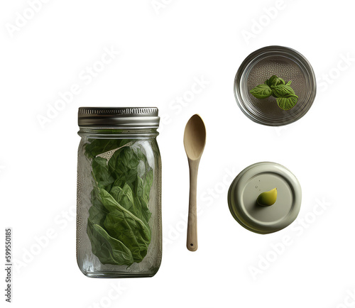 3D Render of Plastic Free Set or Natural Treament with Green Leaves And Glassware Jar and Clay Pot. Generative AI. photo