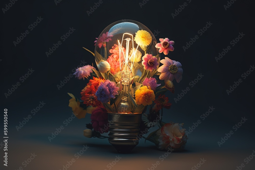 a light bulb that has been altered to include a bouquet of flowers inside it Generative AI - obrazy, fototapety, plakaty 
