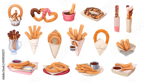 Churros set vector illustration. Cartoon isolated sweet takeaway fast food collection with churro sticks in paper bags and packages with cups of chocolate sauces and dips, fried dessert on plate