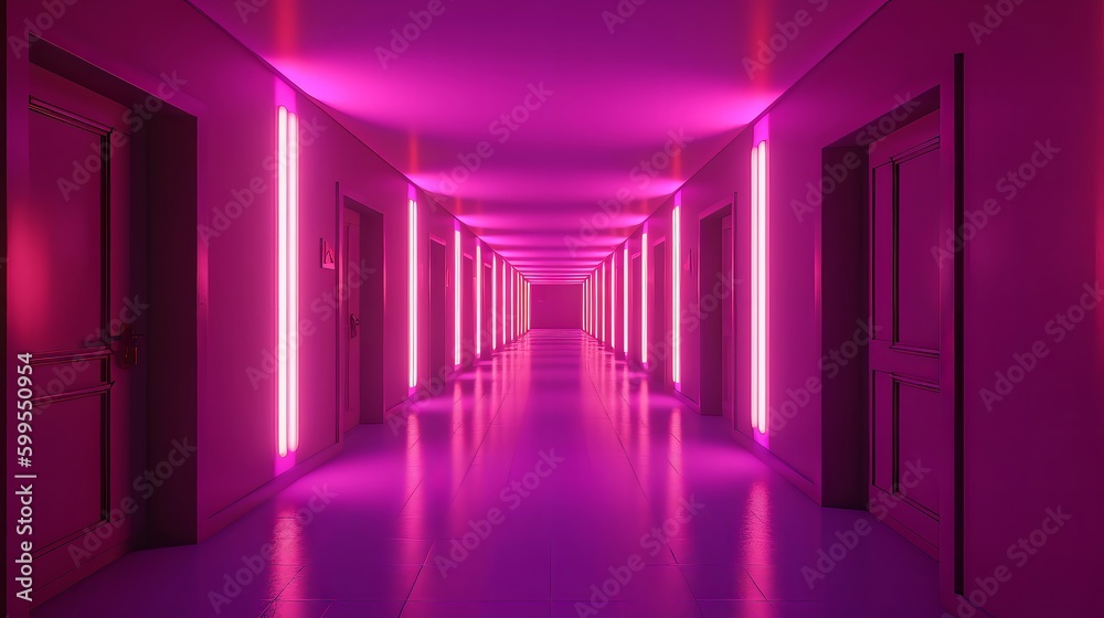 Long pink empty corridor with neon light