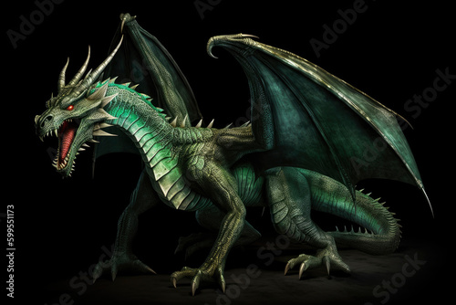 Illustration of green wooden dragon on the dark background. Symbol of 2024. Chinese New Year. High resolution. Generative AI, human enhanced