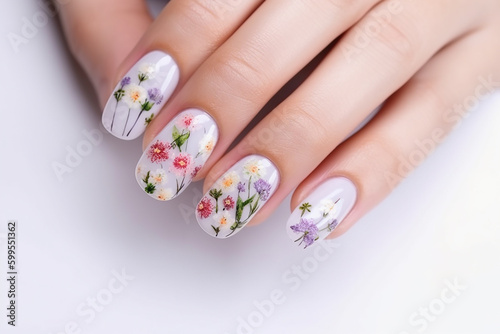 Floral art design on woman hands, summer flowers on every fingernail. Generative AI