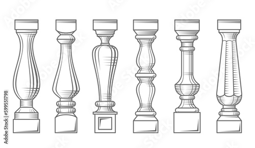 A set of different classical engraving balusters