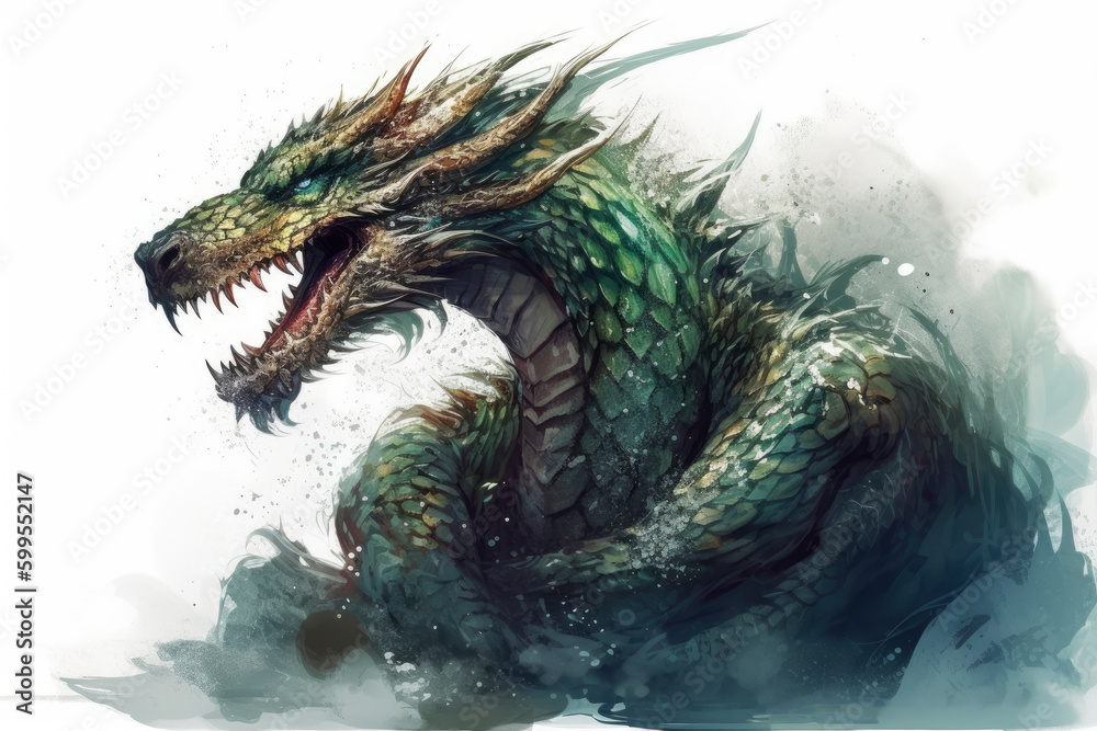 Painted image of green wooden dragon head isolated on white background. Symbol of 2024. Chinese New Year. High resolution. Generative AI, human enhanced