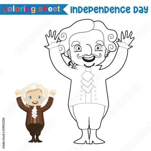 4th of July theme coloring page for kids. Colouring book of the first president of USA George Washington. America Independence Day edition. Vector illustrations file. photo