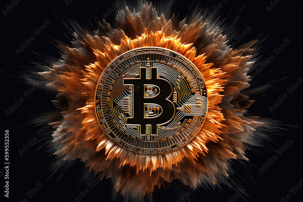 Fototapeta premium Bitcoin curency in explosion on black background, IA generative