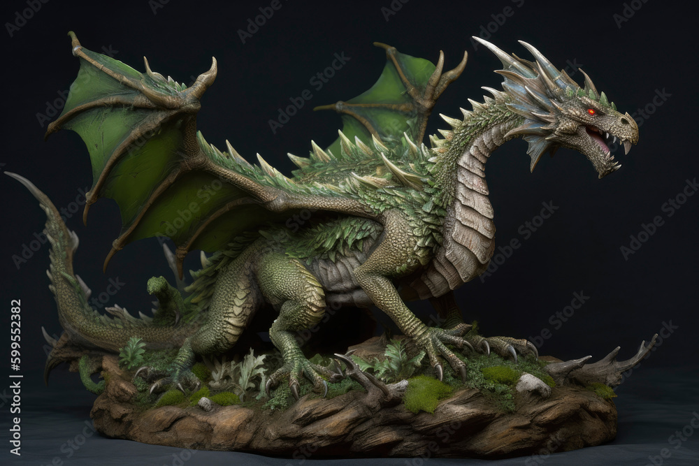 Obraz premium Green wooden dragon on the dark background. Symbol of 2024. Chinese New Year. High resolution. Generative AI, human enhanced
