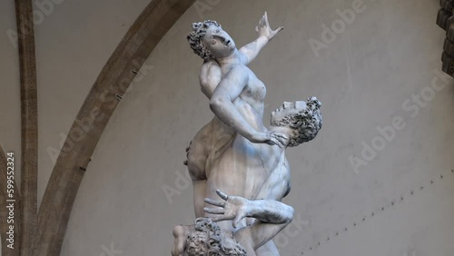 Florence. Tuscany. Italy 03-12-2023. Famous marble statue Loggia dei Lanzi illuminated at sunny day. Video 4K photo