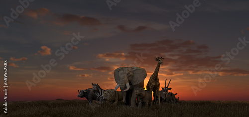A large group of African animals, giraffes, lions, elephants, monkeys and others,