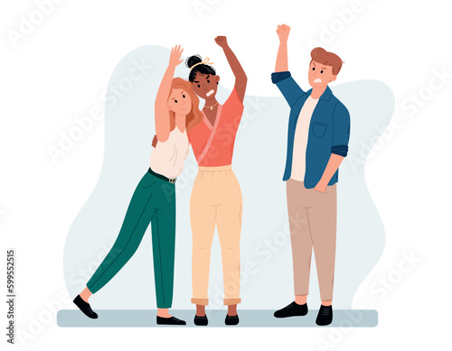 A crowd of people protesting. Women and man defending their rights with raised hand at a social rally or vote. Vector isolated cartoon illustration.