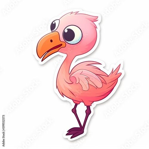 A cute chibi Flamingo sticker with a white background, radiating adorable and lovable vibes. The chibi Flamingo is depicted in a small and super deformed style, pink flamingo cartoon, Generative AI