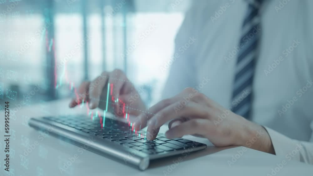 Trader is working with computer. Screen with stock charts and data analysis. Broker trading online. Concept of bitcoin BTC and stock market investor or crypto trading Trader is working with computer. Screen with stock charts and data analysis. Broker trading online. Concept of bitcoin BTC and stock market investor or crypto trading