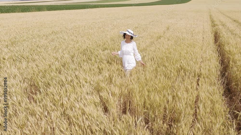 Agronomist carefree woman wearing hat and dress walks across a yellow wheat field enjoying nature, slow motion . Agronomist carefree woman wearing hat and dress walks across a yellow wheat field enjoying nature, slow motion .