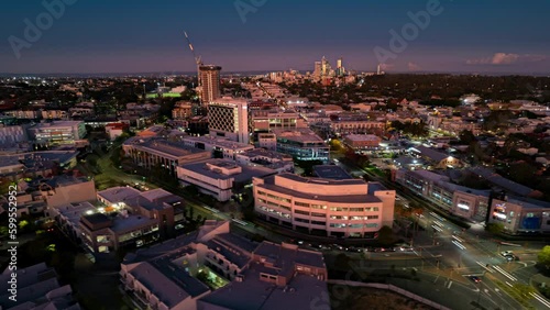 Drone time lapse hyper lapse descending into Subiaco at Twilight