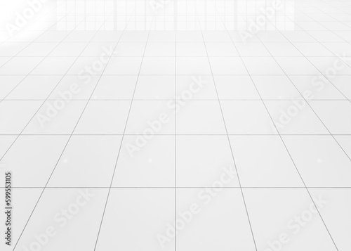 White tile floor with grid line of square texture pattern in perspective. Clean shiny of ceramic surface. Modern interior home design for bathroom, kitchen and laundry room. Empty space for background