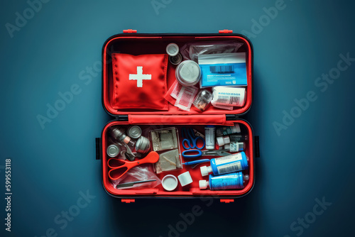 AI Generative Illustration of a red first aid kit with various medication pads and bandages inside.