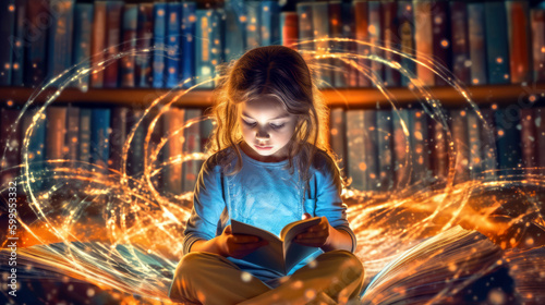 Generative AI Illustration of a girl reading a book while lights and sparks come from behind. Concept about learning in reading