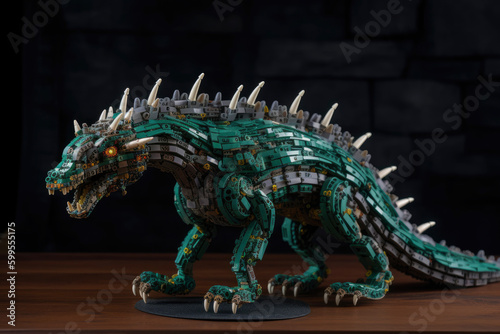 Green dragon assembled from parts of children s designer on the dark background. Toy dragon from the constructor. Symbol of 2024. Chinese New Year. High resolution. Generative AI  human enhanced