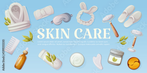 Items for self-care. Gua sha tools, oil serum, folded bathrobe, slippers, headband, eye mask and patches, cream. Skin care banner with space for text. Vector illustration