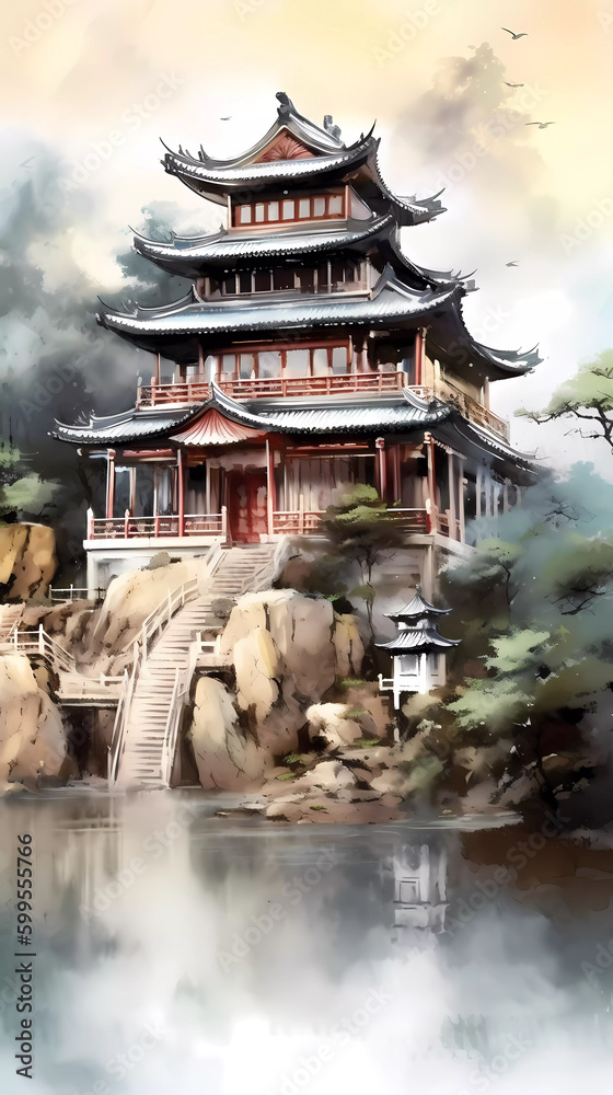 Fototapeta premium Watercolor illustration of beautiful Chinese style architecture 