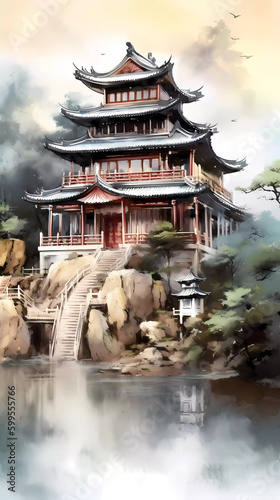 Watercolor illustration of beautiful Chinese style architecture 