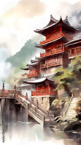 Watercolor illustration of beautiful Chinese style architecture 