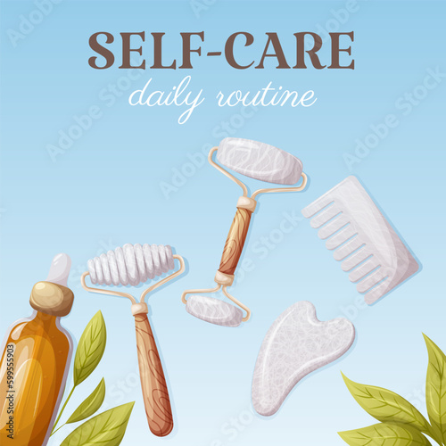 Oil serum, gua sha tools, scraper, rollers, comb of natural stones, white agate, rose quartz. Self-care, daily routine, square card. Vector illustration