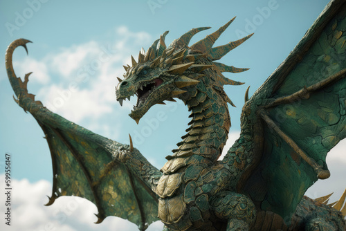 Image of realistic green wooden dragon with raised wings. Symbol of 2024. Chinese New Year. High resolution. Generative AI  human enhanced