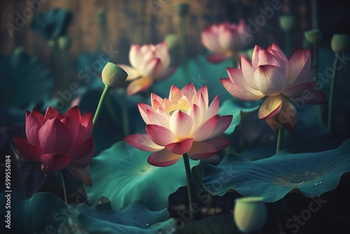 Fantasy Vintage Classic deep colorful lotuses bouquet on blurred background  generative AI