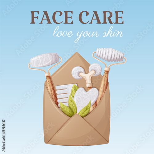 Envelope with gua sha massage tools. Scraper, rollers, comb made of natural stones, white agate, rose quartz. Face care, love your skin, square card. Vector illustration