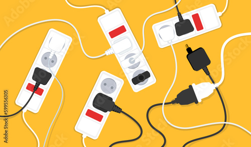 Multi-socket adapter, electrical extension cord. Many plugs. Vector illustration.