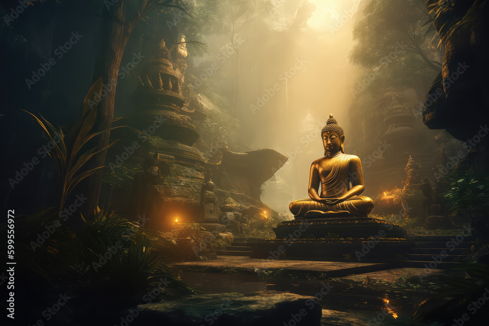 Golden buddha statue meditating in jungle background, generative AI