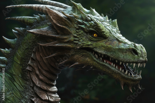 Image of realistic green wooden dragon head. Symbol of 2024. Chinese New Year. High resolution. Generative AI, human enhanced © Sheremetio