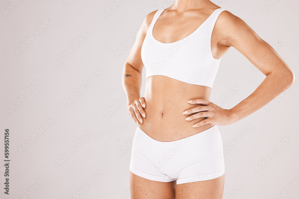 Fitness, health and body care, woman in underwear on studio background with motivation for healthy lifestyle. Diet, nutrition and wellness mindset, girl with self care in mockup and product placement