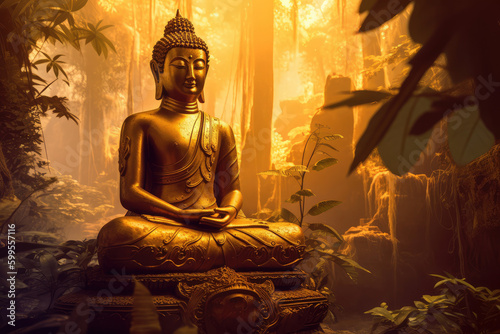Golden buddha statue meditating in jungle background, generative AI © Kien