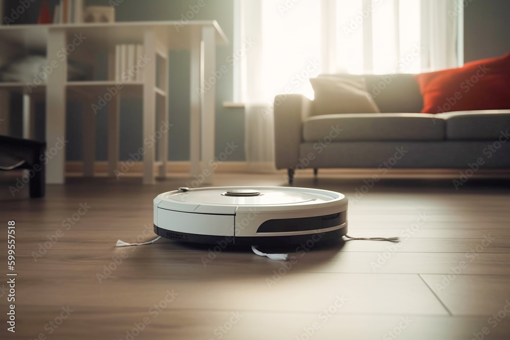 Smart cleaning robot vacuum cleaner on the laminate in the living room. Robotic vacuum cleaner on a wooden floor cleans up dirt and dust in a room furnished with furniture and a sofa. Generative AI